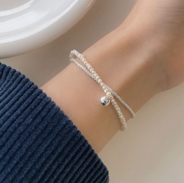 925 실버 걸리쉬 담수펄 실버볼 더블 체인 팔찌